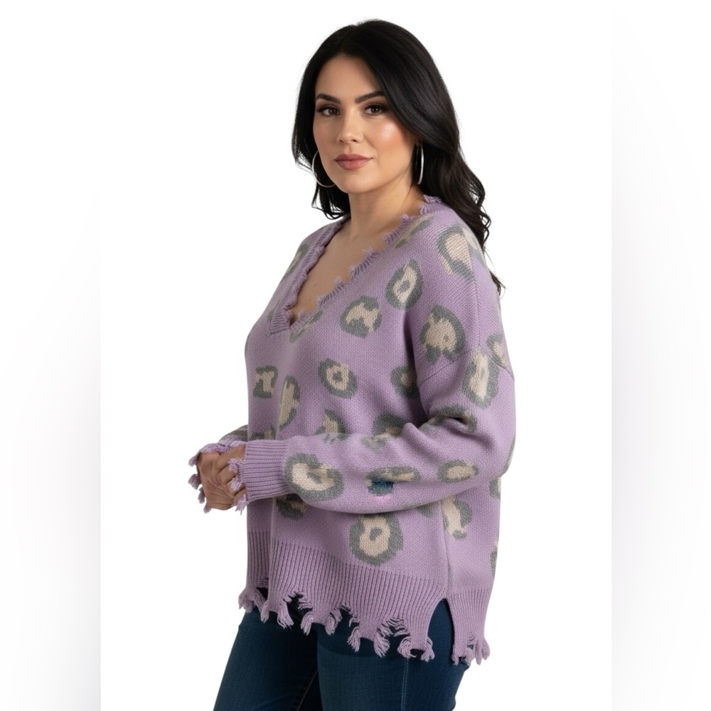Miracle Lavender Animal print V-Neck Long Sleeve Sweater - Picture 4 of 7